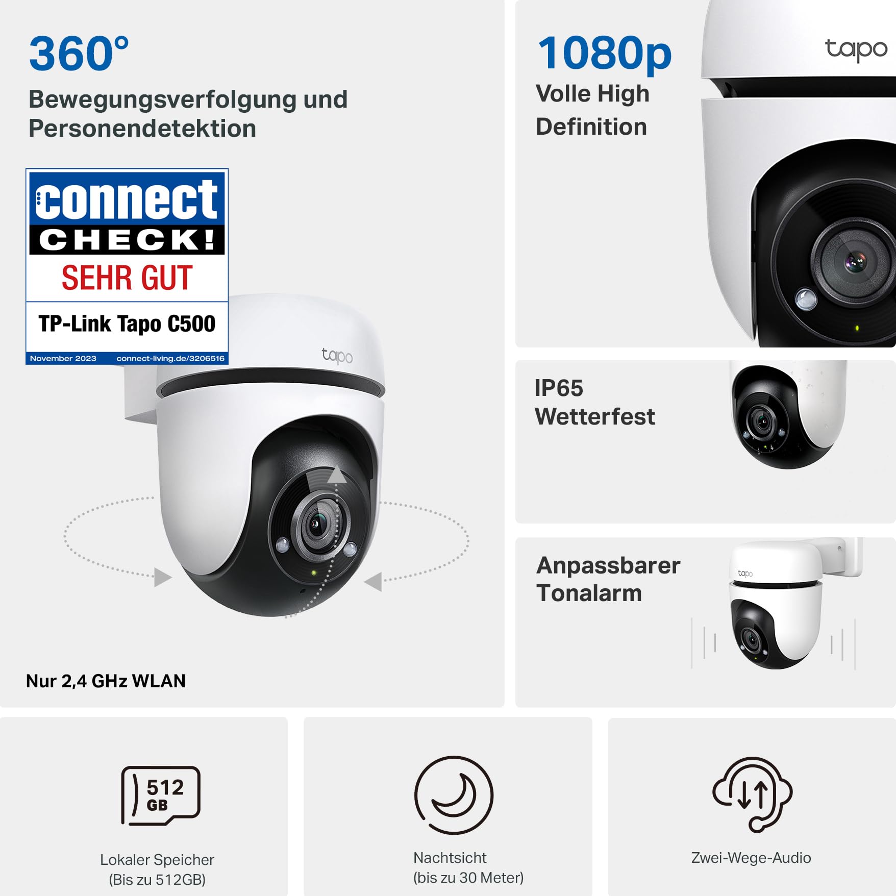 Tapo TP-Link C500 WLAN Überwachungskamera Außen, 360° Sichtbereich, 1080p Auflösung, Bewegungserkennung, Nachtsicht bis zu 30 m, Zwei-Wege-Audio, Kompatibel mit Alexa & Google