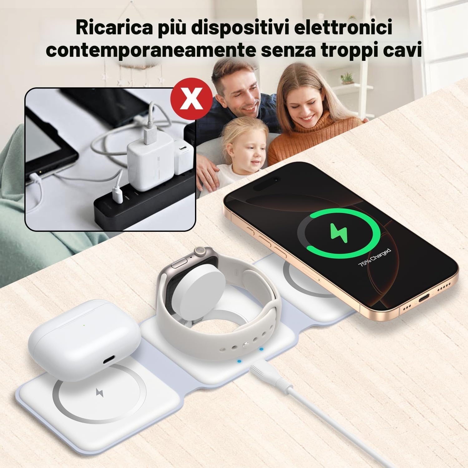 Caricatore Wireless, 3 in 1 Stazione Ricarica Pieghevole per Apple Watch 10/9/8/Ultra/7/SE,Phone 17/16/15/14/13/12, Magnetico Caricabatterie Wireless Base Ricarica Phone Apple Watch Air