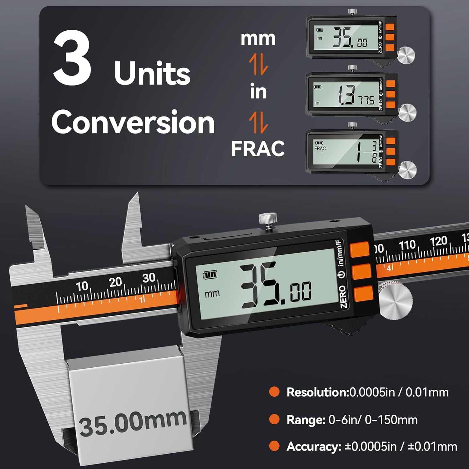 Preciva Digital Caliper - Rechargeable Stainless Steel Micrometer with IP54 Protection | Auto-Off, Large LCD Screen & Inch/Metric Conversion | Precision Measuring Tool 6Inch/150mm
