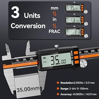 Preciva Digital Caliper - Rechargeable Stainless Steel Micrometer with Large LCD Screen, Auto-Off, in/MM/FRAC, Precision Measuring Tool for DIY 3D-Printing Machining Woodworking 6In/150mm