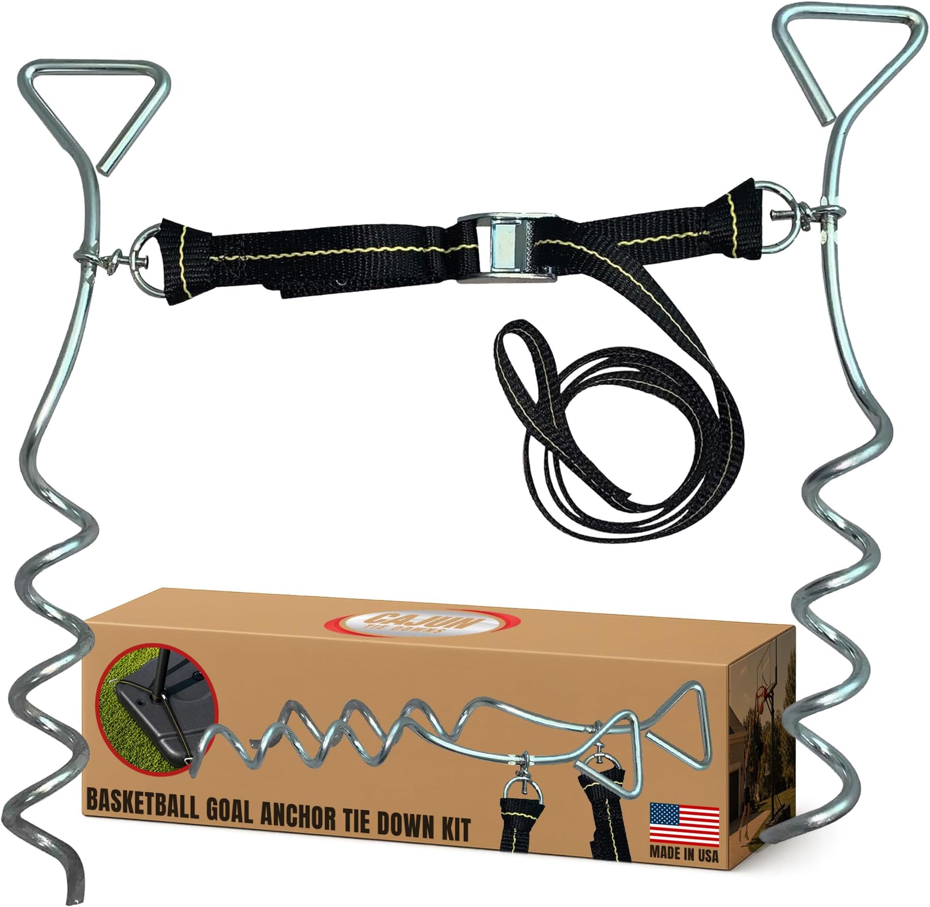 Cajun Tie Downs Basketball Goal Anchor Tie Down Kit — Secures Hoops and Trampolines in High Winds, Heavy Duty Ground Stakes, One-Piece Design, Made in USA