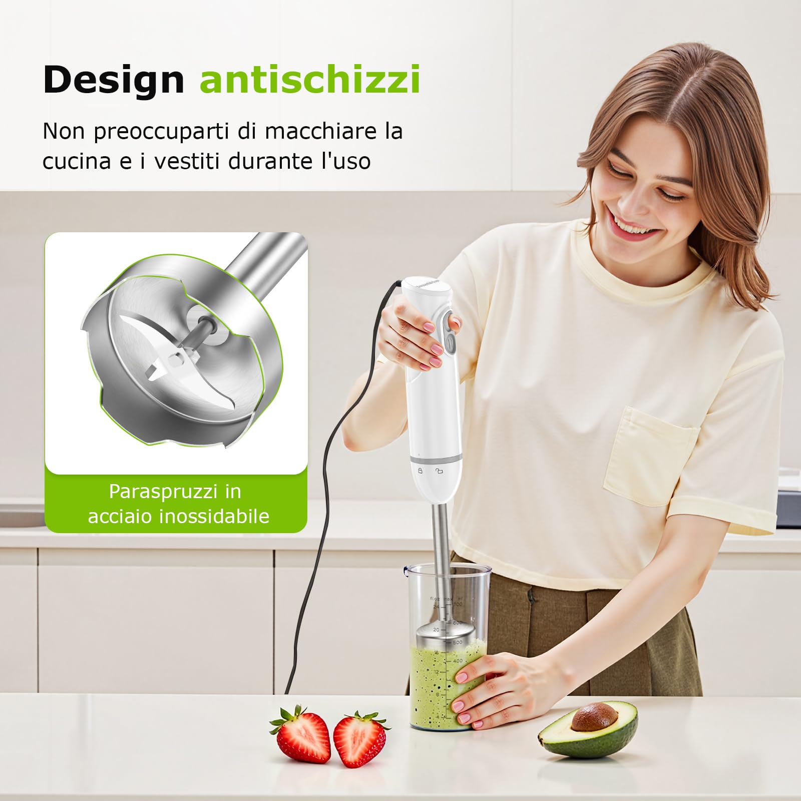 Bonsenkitchen Frullatore a Immersione 2 in 1, 1000 W, Frullatore in acciaio inox, 2 Velocità, con Misurino da 700 ml con Coperchio, per Pappe, Zuppe, Frullati, Puree