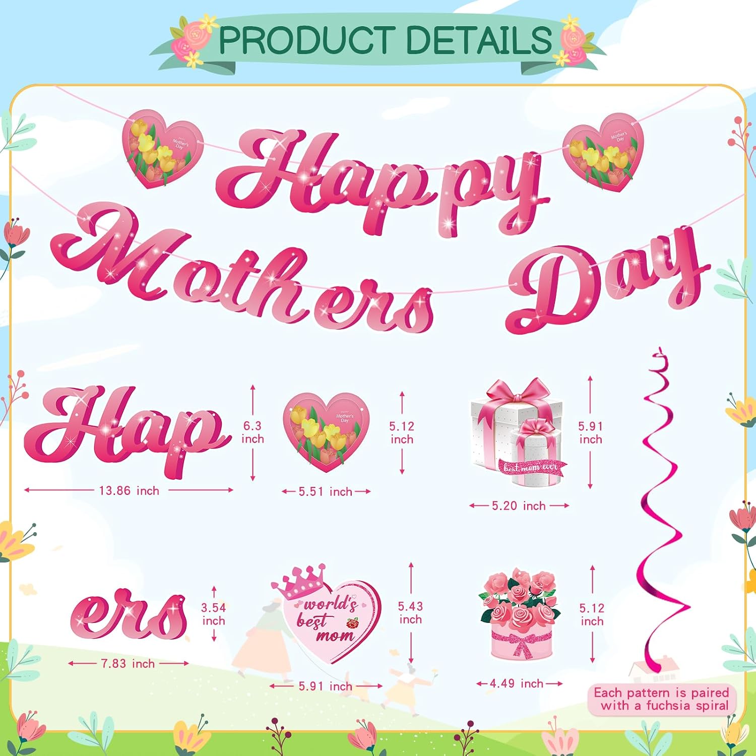 Happy Mother's Day Hanging Swirls Decorations - Pink Glitter Banner Garland Set, Best Mom Ever Party Supplies for Office Wall Home Decor Photo Props image 2
