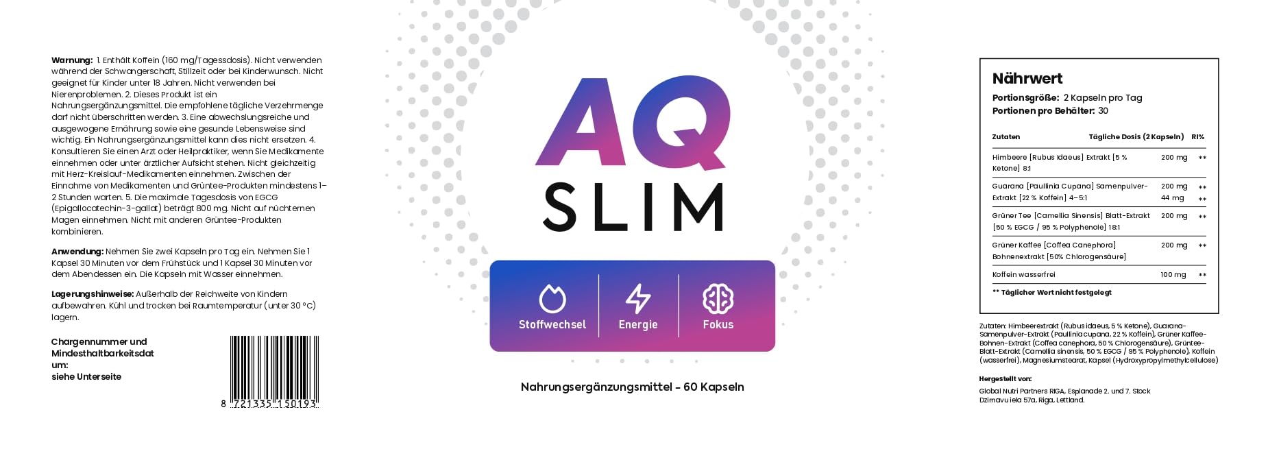 AQ Slim Pflanzenextrakt-Kapseln, Himbeerketon und Grüner Tee, 60 Kapseln, Nahrungsergänzungsmittel