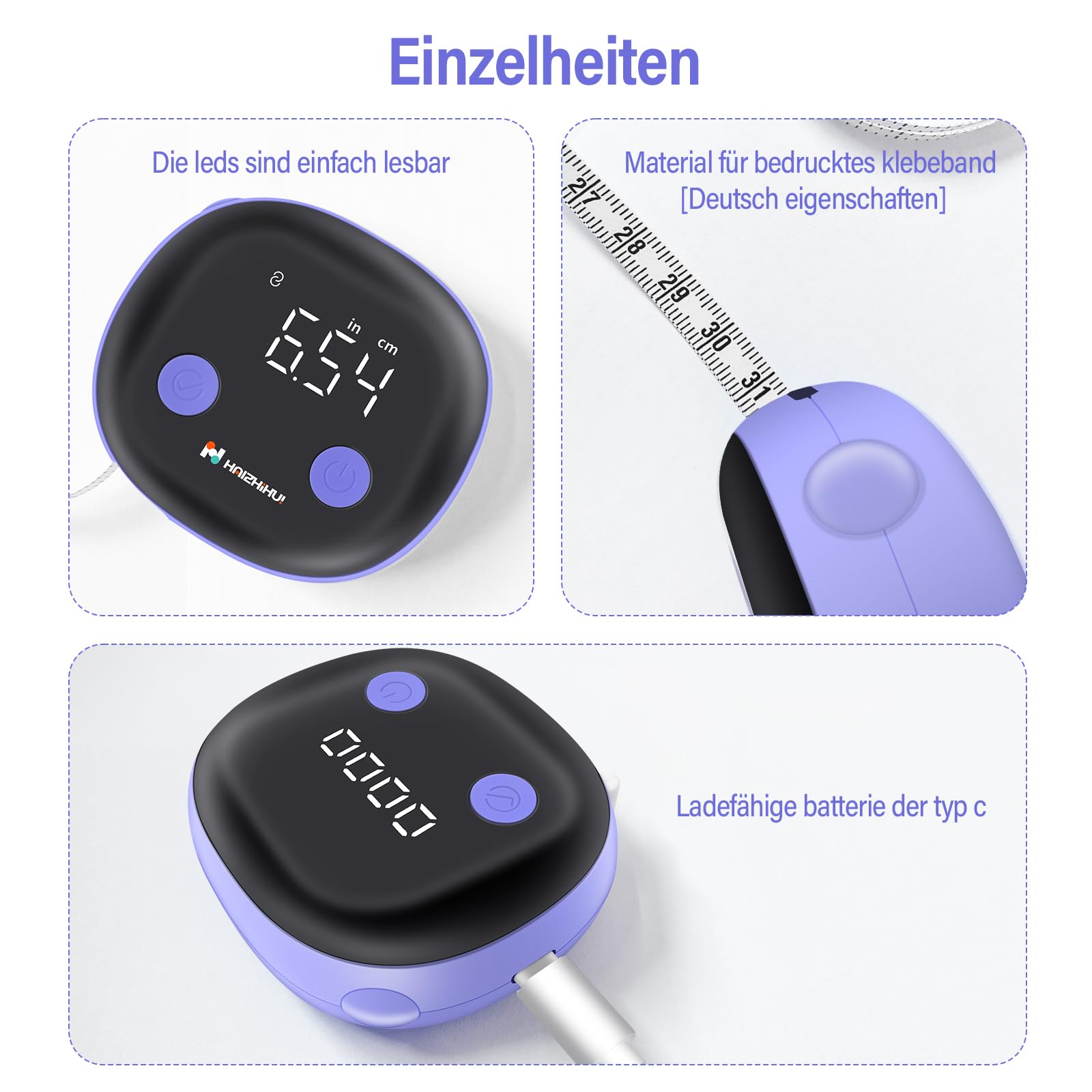 Fitdays Mètre Ruban Intelligent | Analyse du BMI/Graisse Corporelle via Bluetooth & Écran LED | Rétractable Automatique pour Fitness/Perte de Poids | App Fitdays & Design Ergonomique (ER307-Pourpre)