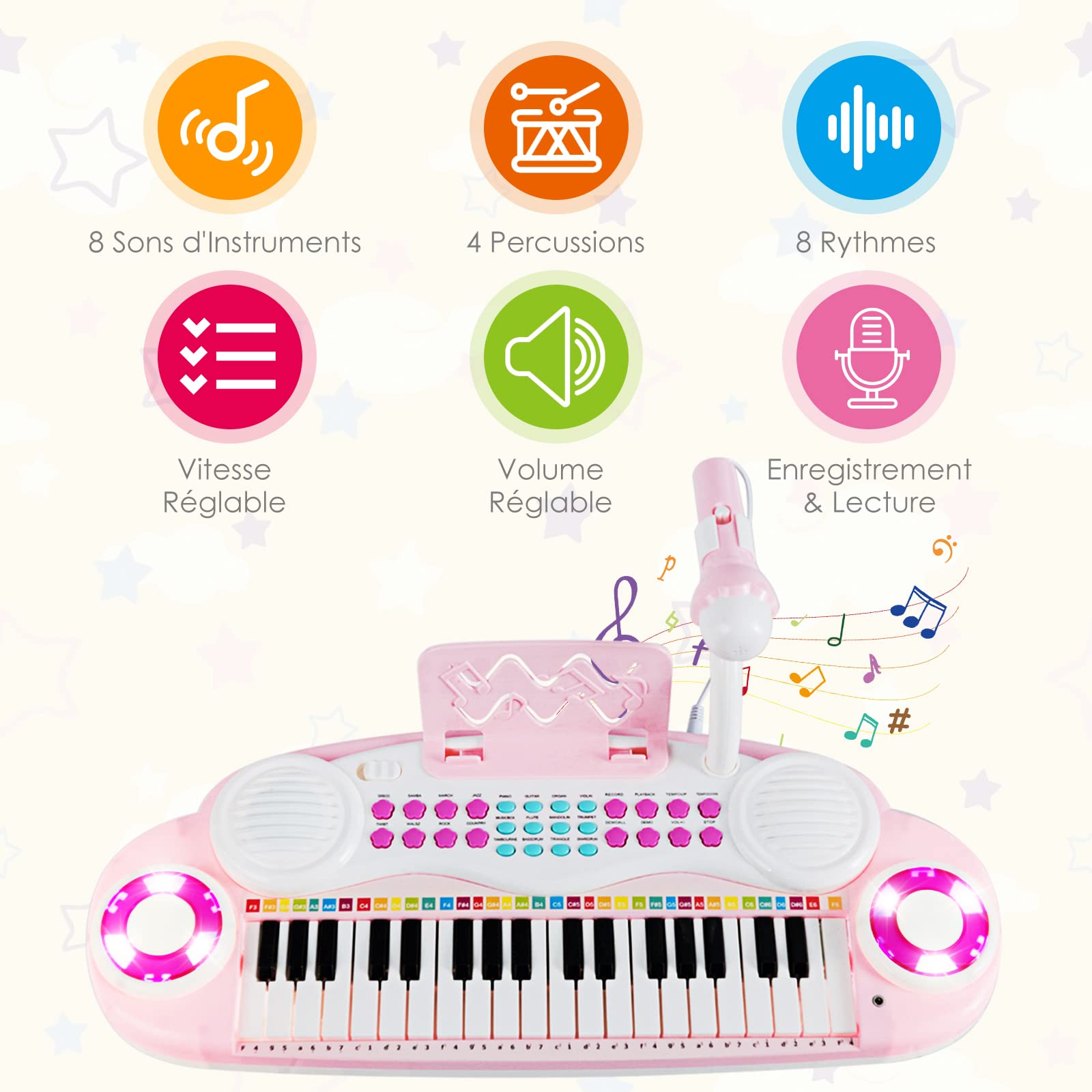 DREAMADE Piano Numérique pour Enfants 37 Touches, Clavier Électronique pour Enfants avec Microphone,Fonction d'Enregistrement et de Lecture,Effets d'Éclairage&Accessoires Abondants (Rose)