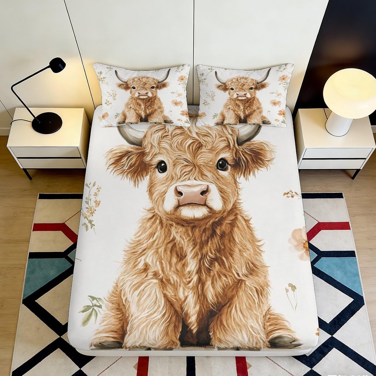 Dhbaneiok Style-4 3D Printed Highland Cow Fitted Sheet Microfiber Soft Breathable Farm Animal Bed Cover For Bedroom Guest Room Mattress Protection Decor 90X200x25cm