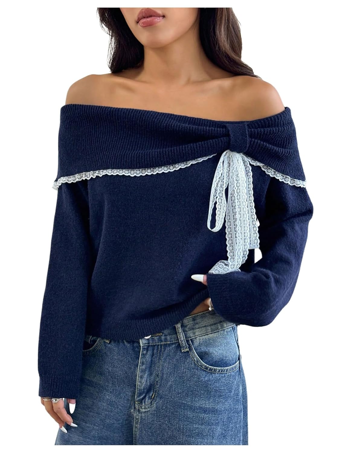 Verdusa Womens Lace Bow Off The Shoulder Sweater Coquette Foldover Knit Tops Trendy Fall Pullovers