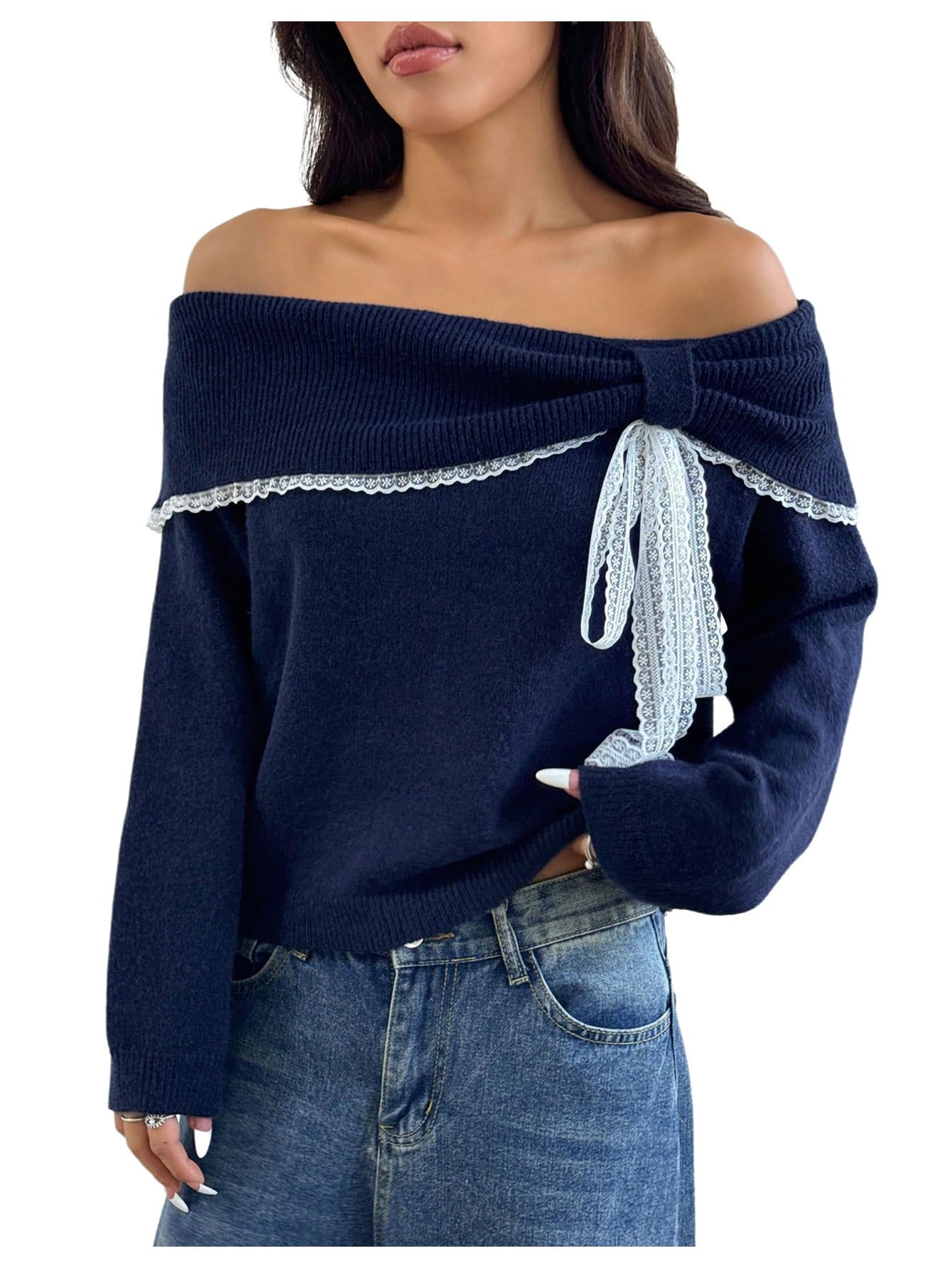 Verdusa Womens Lace Bow Off The Shoulder Sweater Coquette Foldover Knit Tops Trendy Fall Pullovers