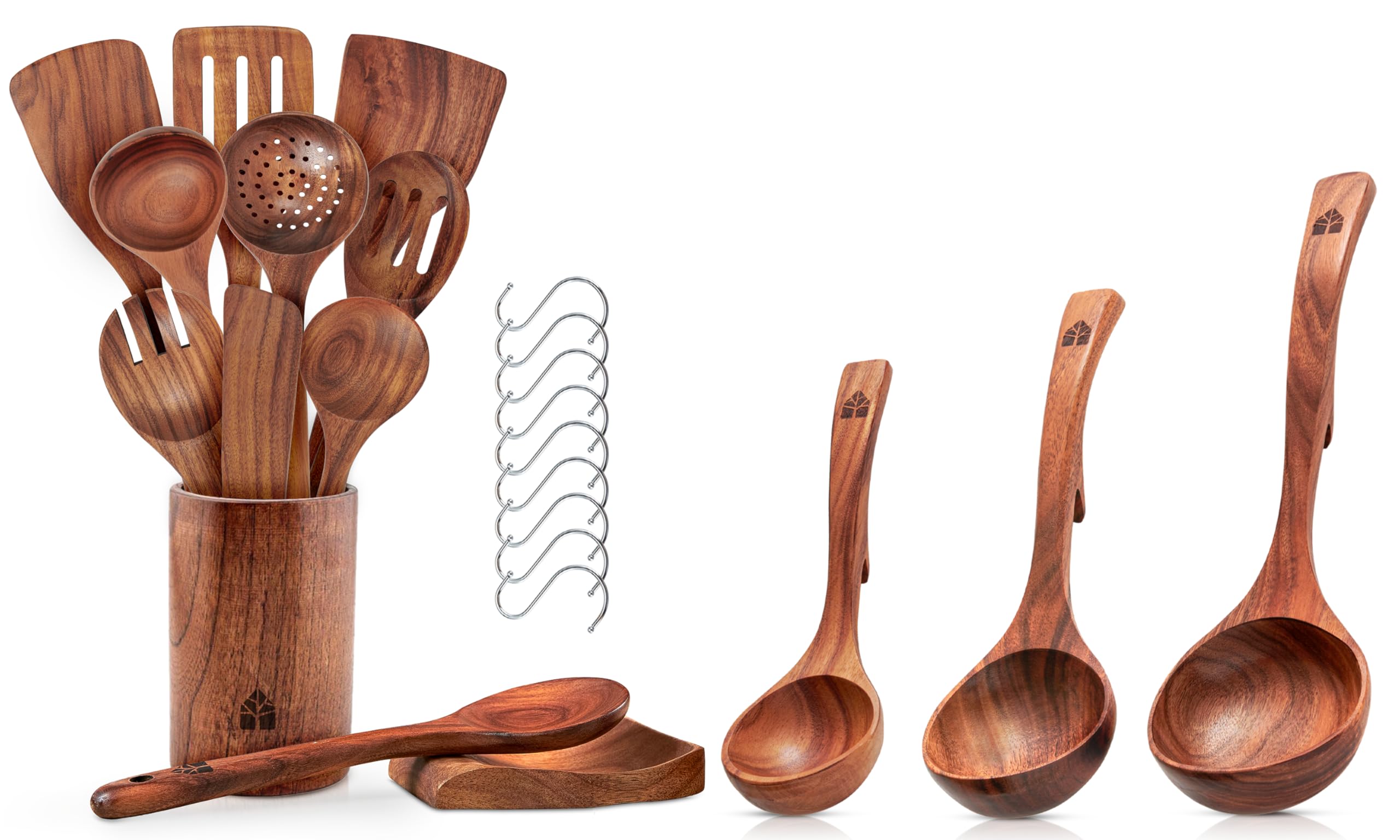 Ustensiles de Cuisine Bois en Teck – Ensemble 12 Pièces avec Cuillère, Spatule, Pot & Repose-Cuillère + Lot de 3 Louches avec Crochet – Anti-Rayures, Résistants à la Chaleur
