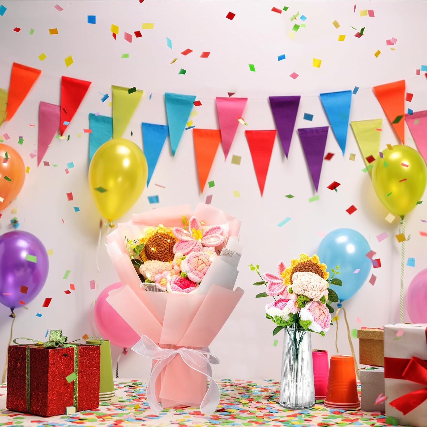 Completed Crochet Flower Bouquet, Pink Handmade Knitted Bouquet, Crochet Bouquet Kit Knitted Fake Sunflower Rose Daisy 12 PCS for Christmas Mother's Day Birthday Wedding Home Decor Gifts for Mom