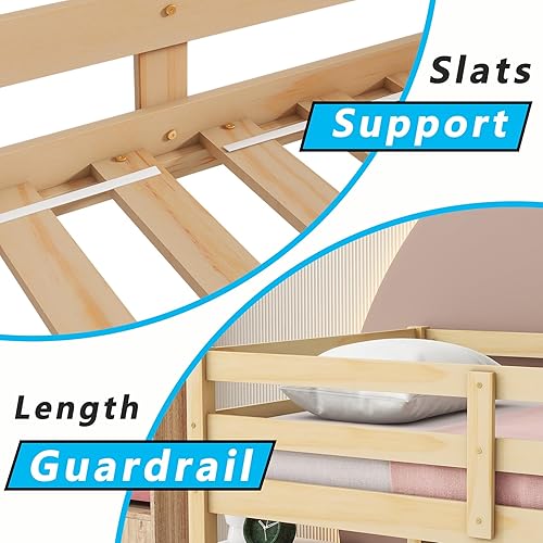 Miniatura 28 de Anwick Litera baja de tamaño individual sobre individual con escaleras y rieles, marco de literas de madera con barandilla de seguridad y listones