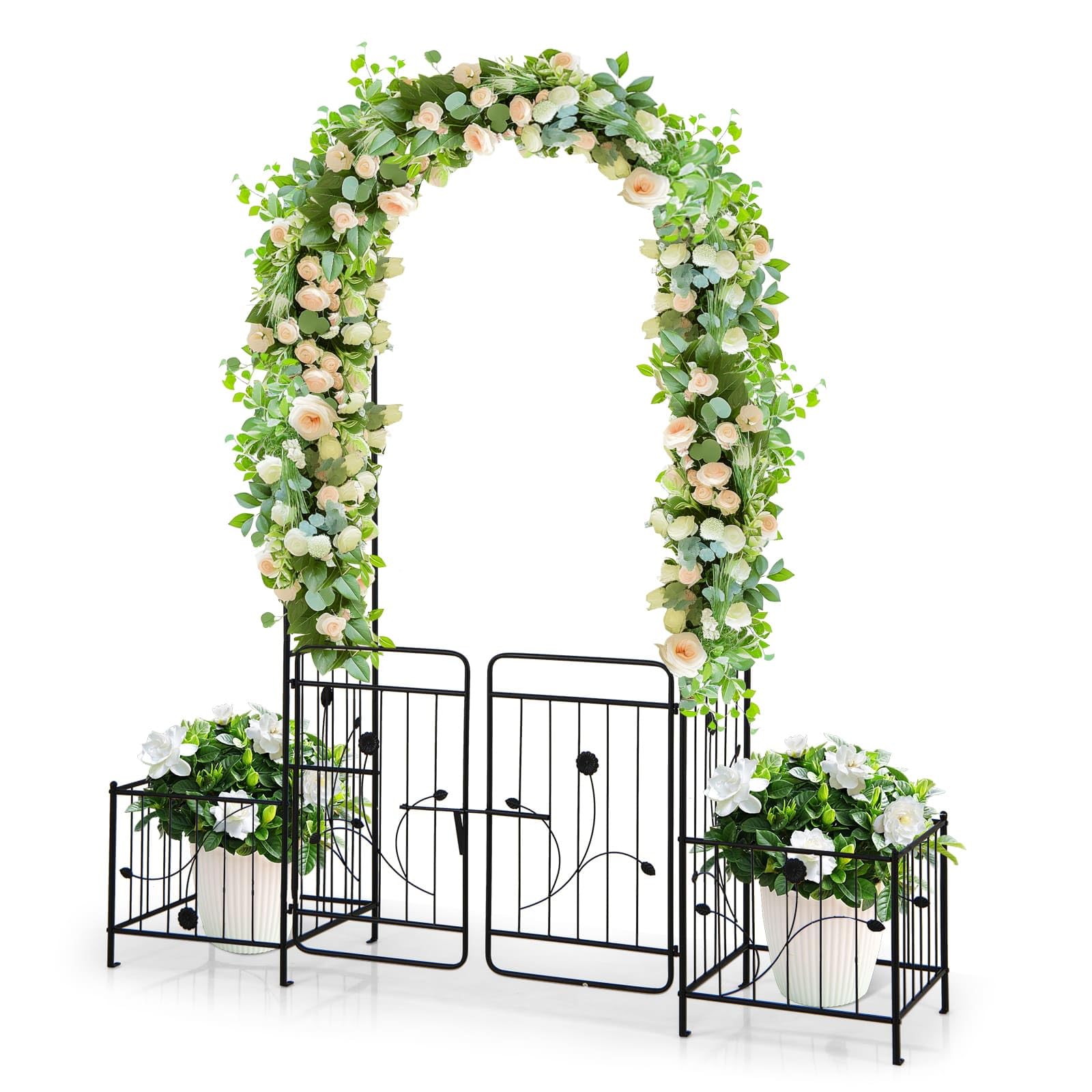 Arco da giardino con cancello, con telaio per piante, 198 x 220 x 50 cm | Arco da giardino in metallo stabile, traliccio per piante rampicanti, arco per matrimoni e decorazioni da giardino