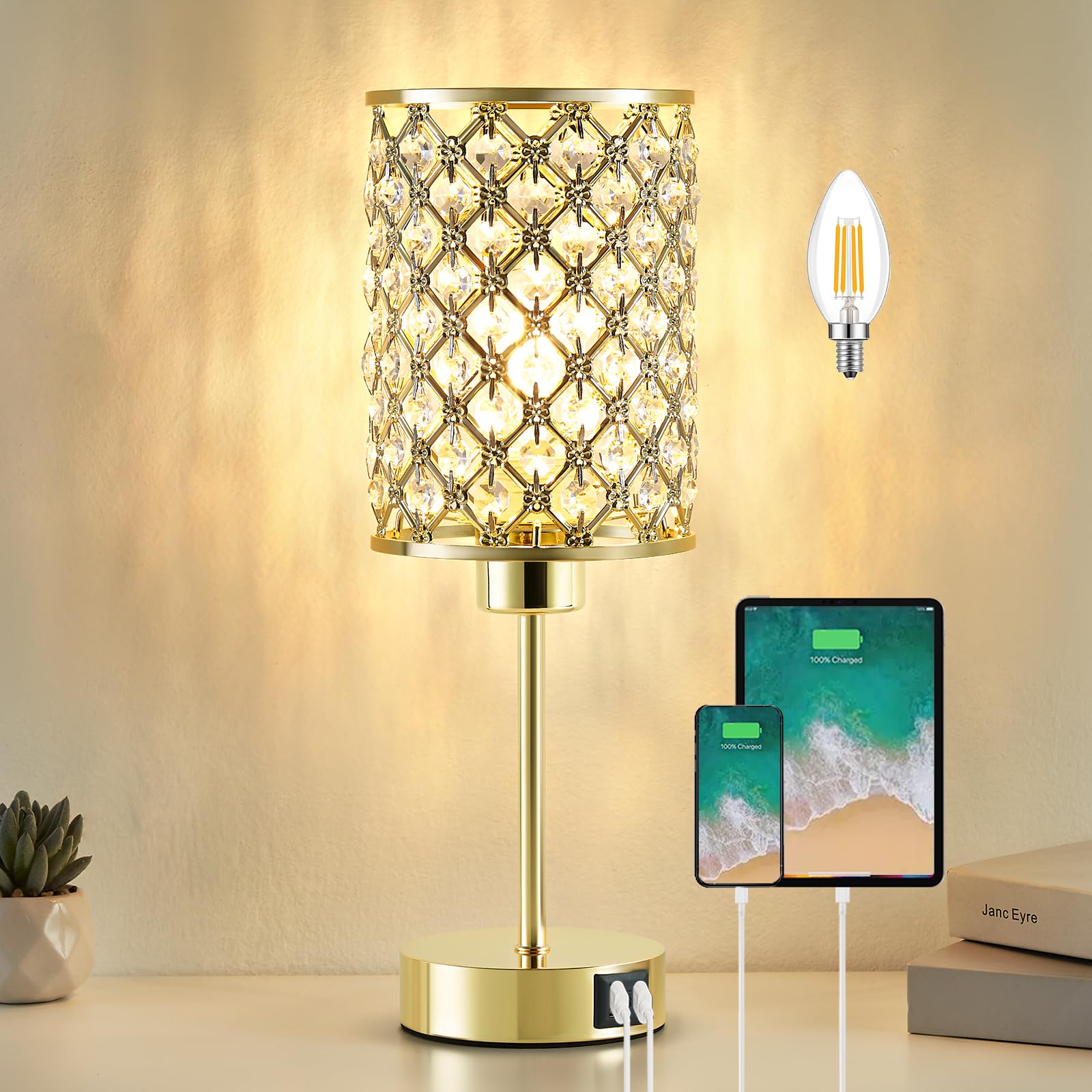 Lámpara de mesa de cristal, lámpara táctil dorada para mesita de noche con puertos USB C+A, lámpara regulable en 3 niveles con pantalla de cristal, lámpara pequeña para dormitorio