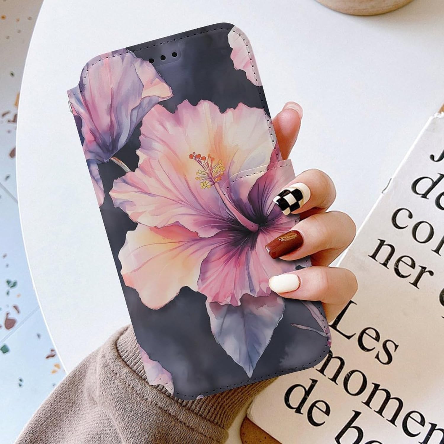 Hibiscus Flowers Compatible with iPhone 16/16 Plus/16 Pro/16 Pro Max/16 E Case Phone Wallet Card Holder Flip Cover with Wrist Strap