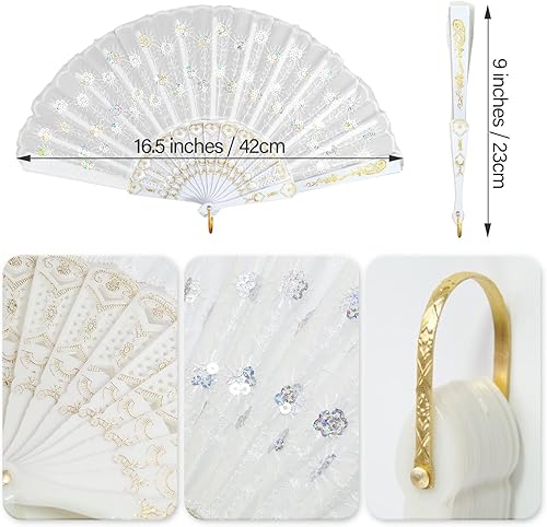 Miniatura 3 de HKACSTHI 6 paquetes de abanicos de mano plegables florales españoles blancos para mujer, abanicos de encaje para boda y decoración del hogar