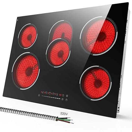 30 Inch Electric Cooktop, 5 Burner 8400W Built-in Electric Stovetop, Ceramic Cooktop with Expanded Zone, Slide Touch Control, Timer, Child Safety Lock, Pause, 220V - 240V Hard Wire, No Plug
