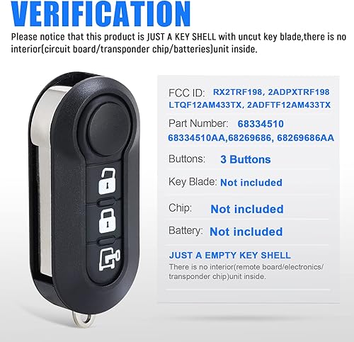 Miniatura 2 de Carcasa de repuesto para llavero de automóvil RAM ProMaster 1500 2500 3500 City 2015-2019 para Fiat 500 Ducato 3 botones, solo la carcasa de la llave