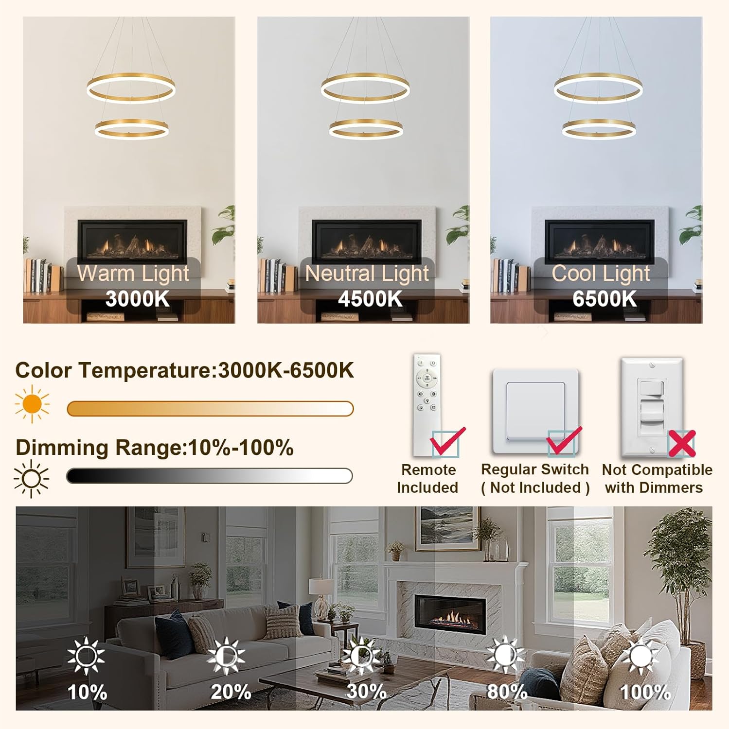 2 Rings Modern LED Chandelier Gold High Ceiling Ring Chandeliers with Remote Control Circular Pendant Light Dimmable for Dining Room Living Room Bedroom Hallway Kitchen Island 3000K-6500K