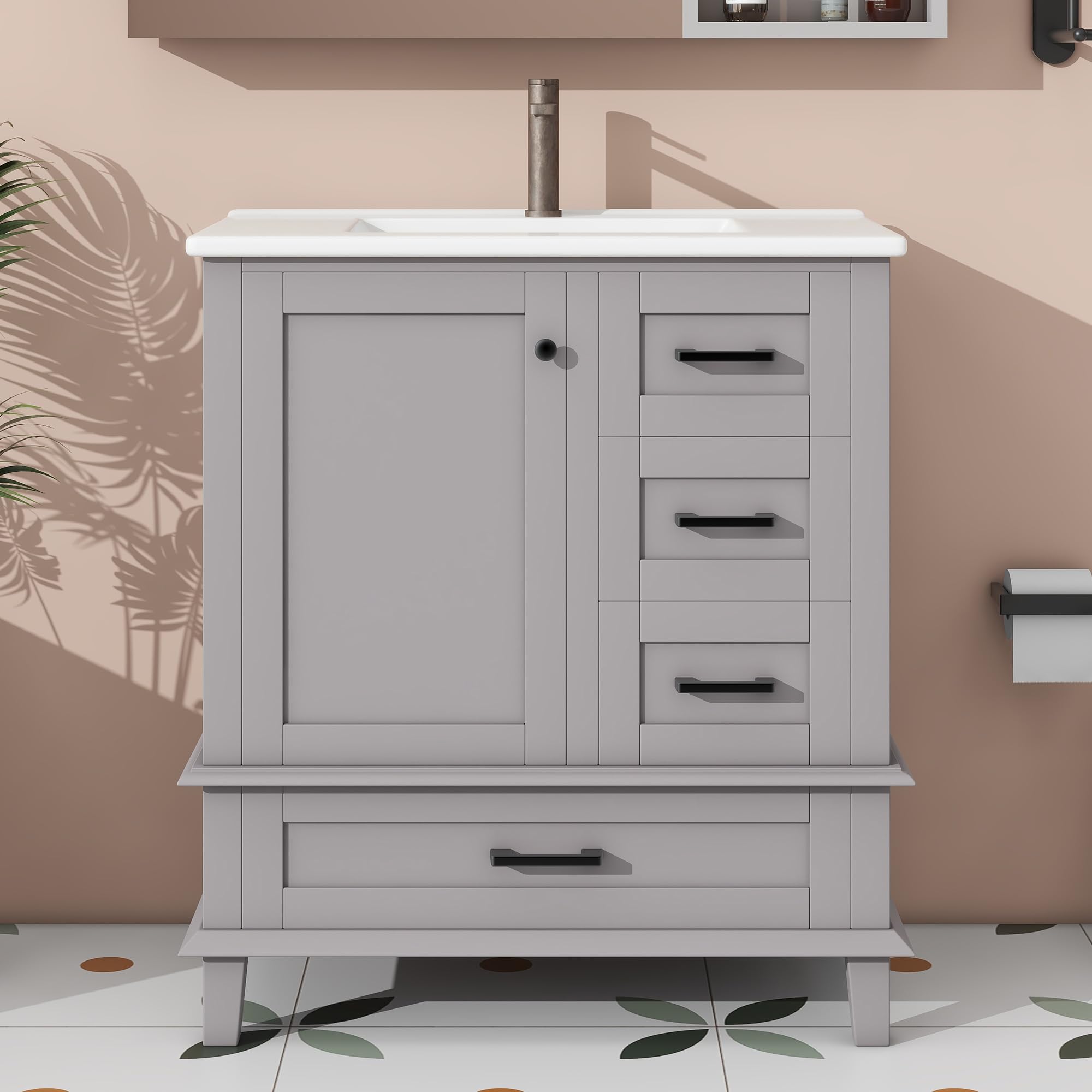 Armario de baño de pie Easexcy, 76 x 46 x 83,5 cm, lacado, estantería puerta, 3 cajones, lavabo cerámico integrado (gris)