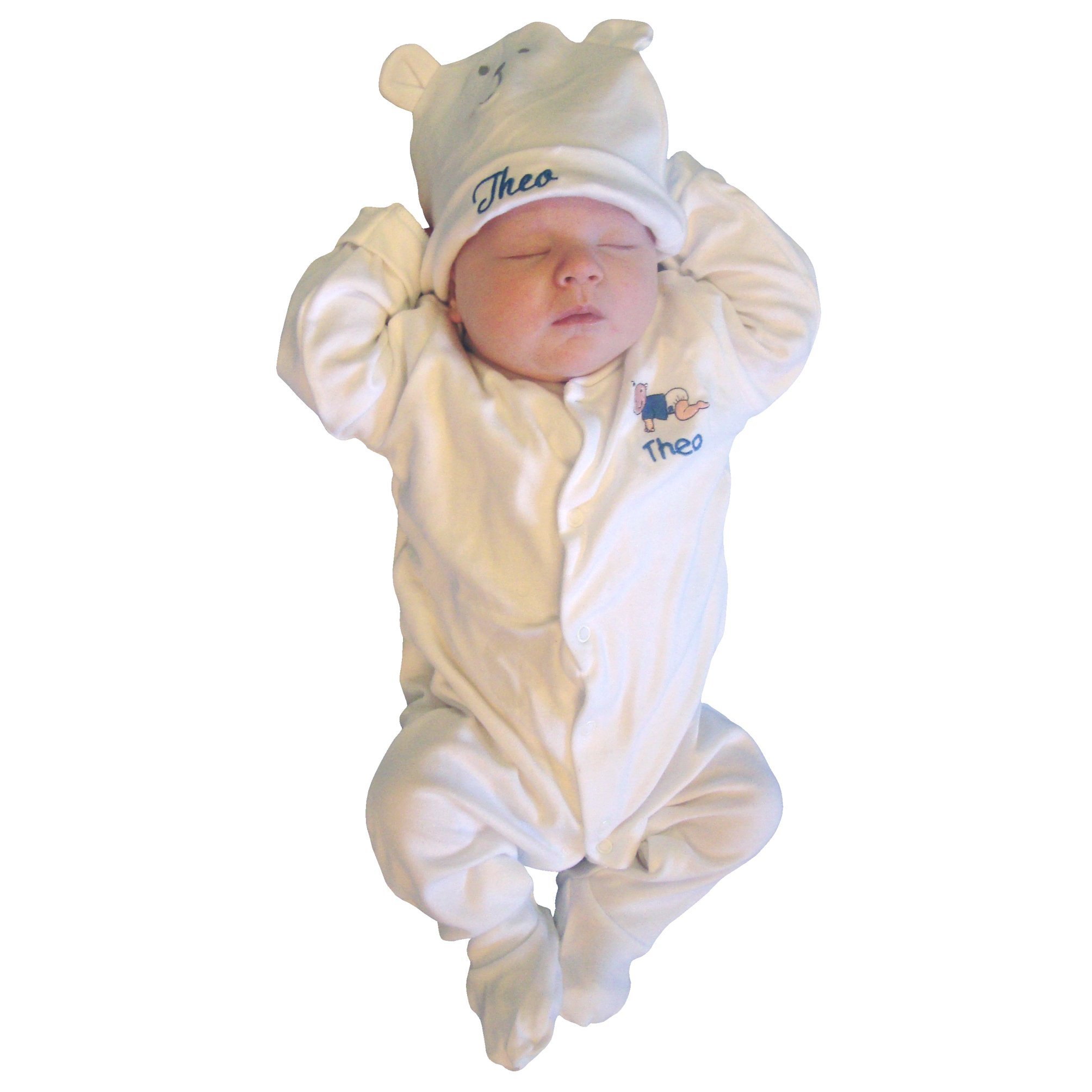 TeddyT's Baby Boys & Girls Personalised White Baby All in One Sleepsuit (0-3 Months, Blue)
