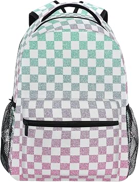 Pfrewn Backpack for Teen Girls Boys Plaid Check Glitter Sparkling Bookbags Elementary High School Laptop Bags Women Travel Daypacks 17 IN