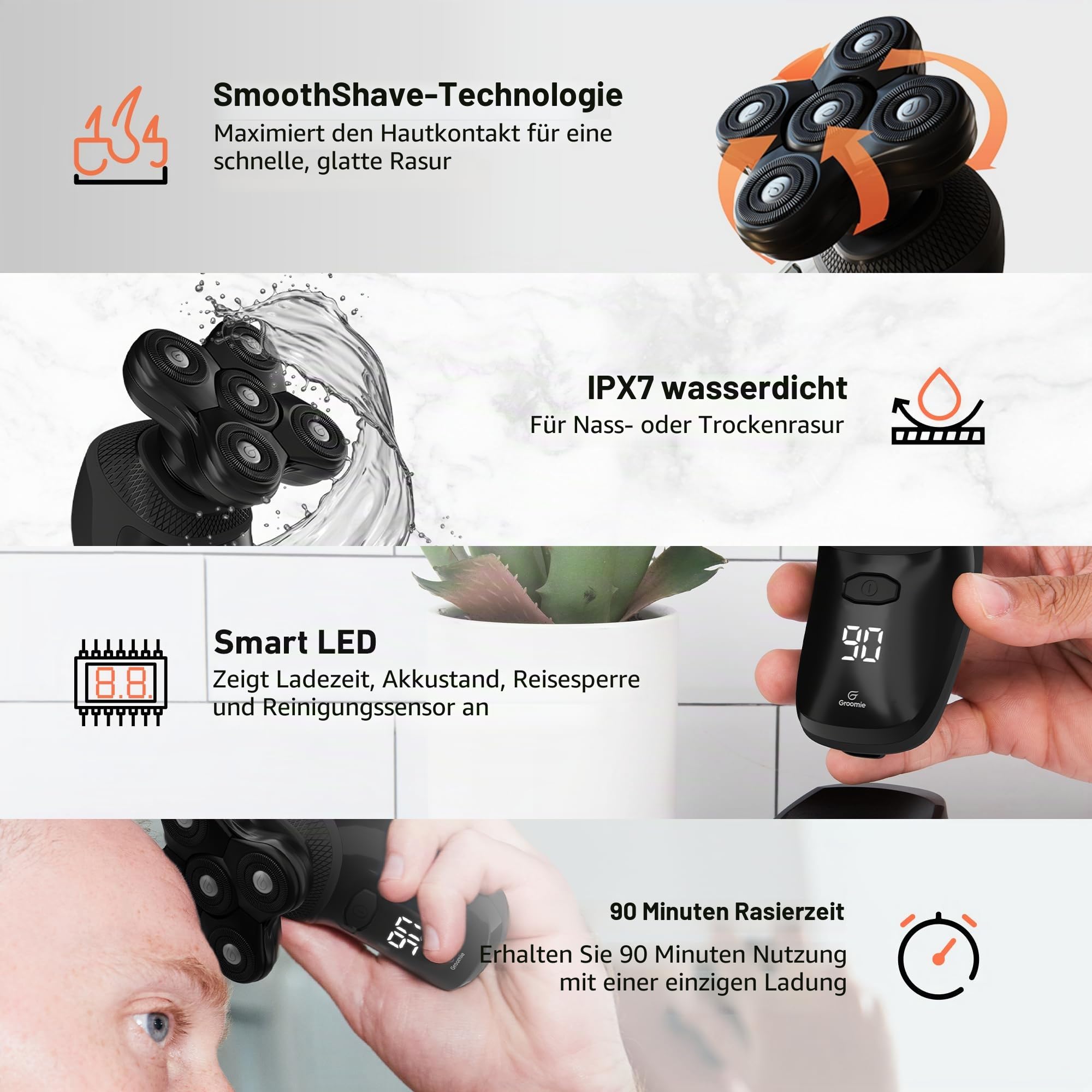 GROOMIE BaldiePro – Kabelloser Kopfrasierer für glatzköpfige Männer – Glatzen-Rasierer mit LCD Display - Kopfpflege für Männer – einfach zu bedienender Elektrorasierer für eine glatte Rasur