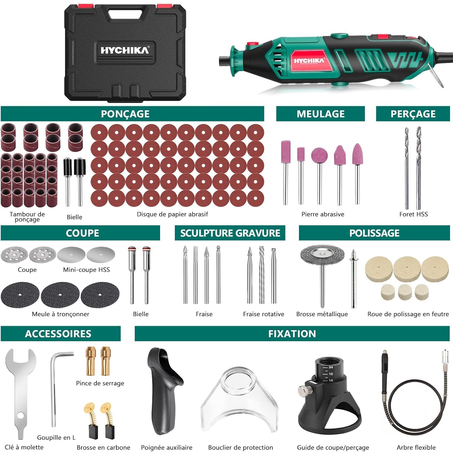 HYCHIKA Outil Rotatif 170W, Kit d’Outils Rotatifs à Vitesse Variable Avec Arbre Flexible, Kit d’accessoires 173pcs et Outil Multifonction 8000-35000RPM, Parfait Pour la Coupe, Le Ponçage de détail