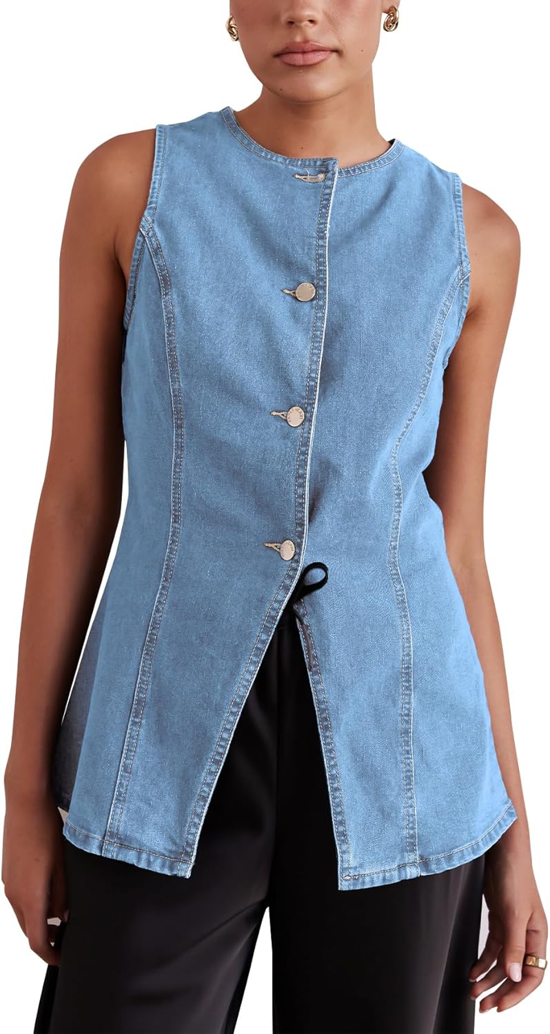 Women’s Long Denim Vest Waistcoat Vest Sleeveless Button-Up Back Slit Jean Jacket V...