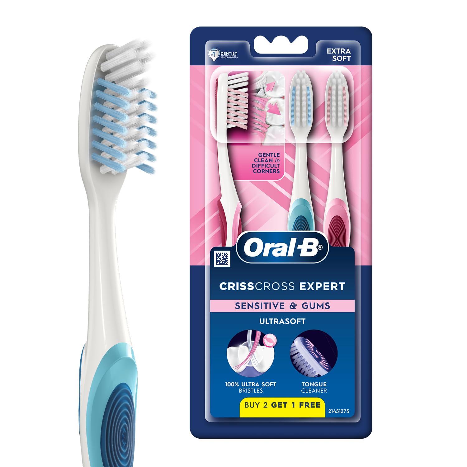 Oral-B Crisscross Sensitive Ultrathin, Extra Soft Charcoal Bristle toothbrush for adults, Tongue cleaner, Buy 2 Get 1 Free, Gentle yet effective cleaning, Pack of 3-image-25