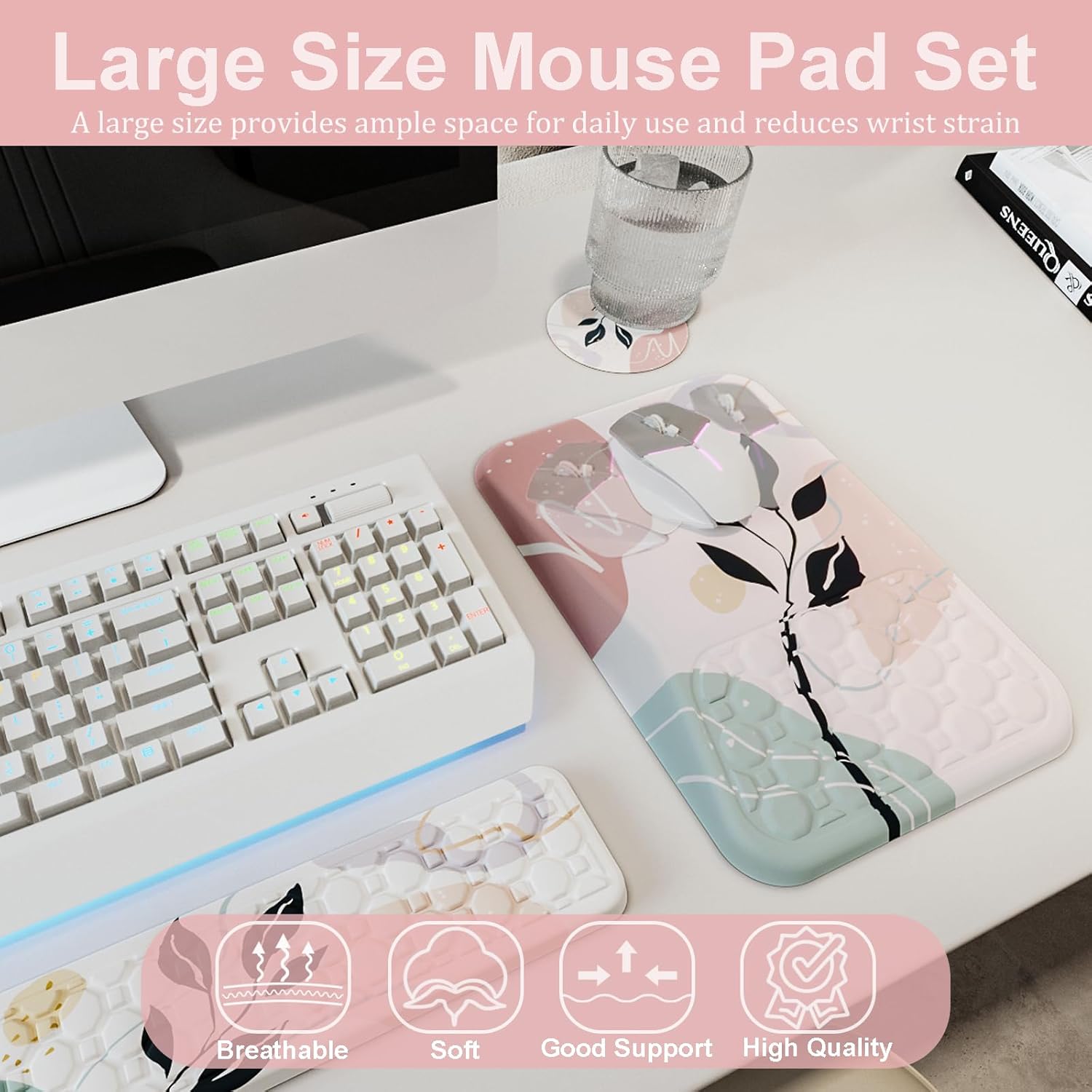 Ospelelf Mouse Pad with Wrist Rest and Keyboard Wrist Rest, Ergonomic Wrist Rest for Computer, Office, Gaming, Pink - Image 4