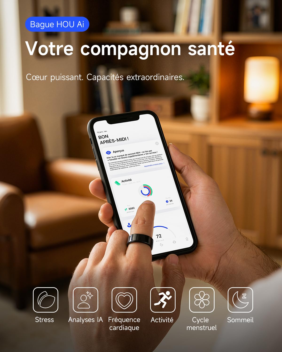 HOU Bague Connectée Homme Femme, Smart Ring sans Abonnement, Anneau de Santé IA avec Suivi du Sommeil, Fréquence Cardiaque, SpO2 & Stress, Étanche 5ATM, iOS/Android (Céramique Noire, Taille US 12)