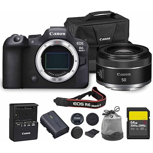 Canon EOS R6 Mark II Mirrorless Camera | 24.2MP Full Frame Sensor 4K 60p Video | Dual Pixel AF in-Body Stabilization for Professionals (5666C002) + Canon RF 50mm f/1.8 STM Lens + 64GB Card + Bag