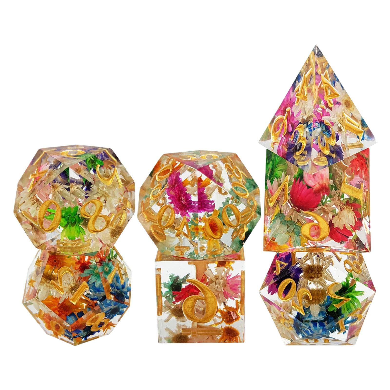 2 set de 7 dés polyédriques transparents en forme de fleur gravée pour les fêtes
