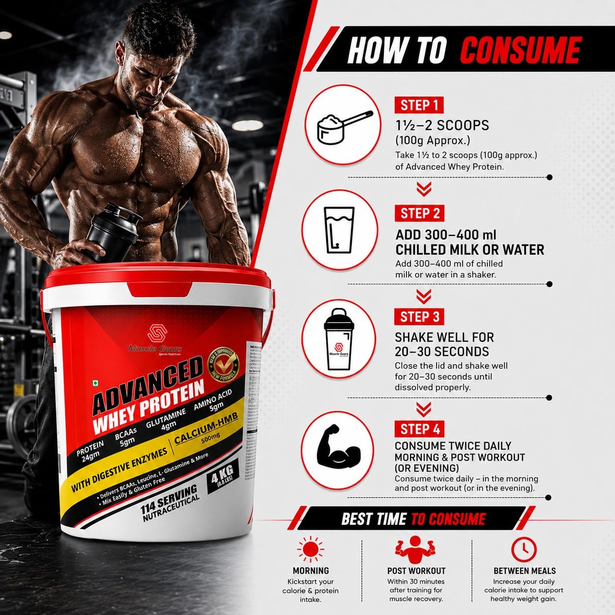 Muscle Gears Advanced Whey Protein | 24g Protein | 5g BCAAs | 4g Glutamine | 5g Amino Acids | 500mg Calcium + HMB | Digestive Enzymes | Chocolate Flavor | 4kg (8.8 lbs) — Amazon image 5