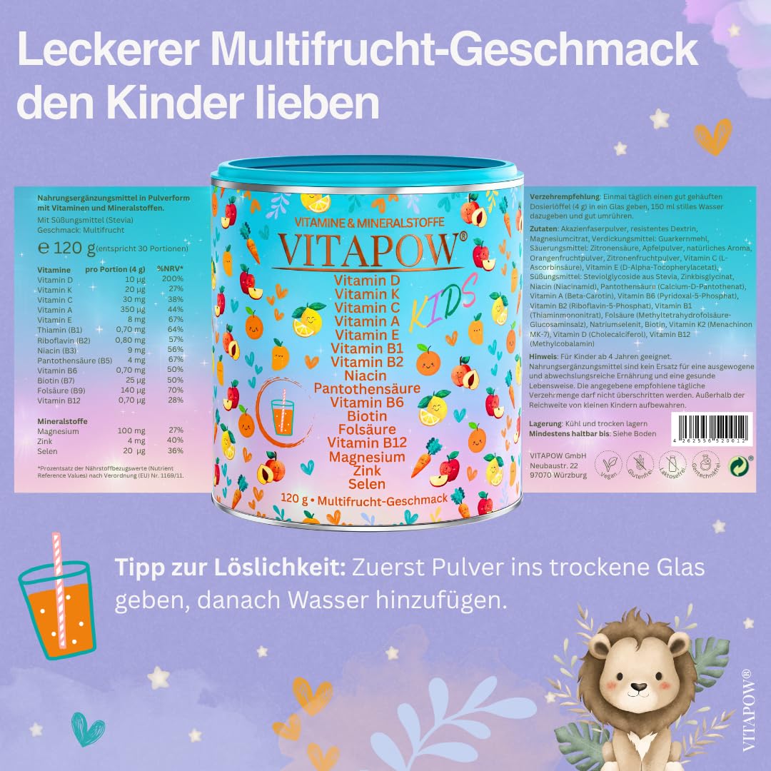 Vitamine für Kinder - Multivitamin Pulver mit Mineralstoffen ab 4 Jahren - Immunsystem Kinder - ohne Zuckerzusatz, vegan, in Deutschland hergestellt - Multifrucht-Geschmack - 30 Portionen