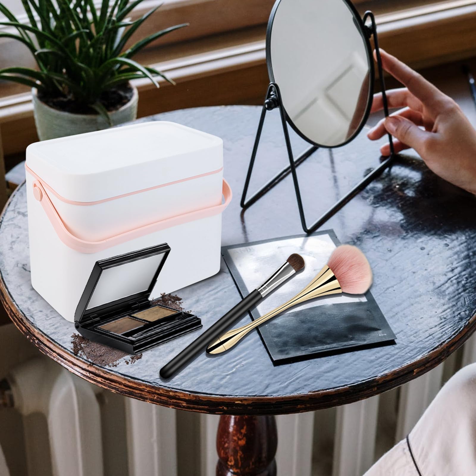 Caja de Maquillaje de Abs Blanco con Espejo, Organizador de Cosméticos Almacenamiento para Cosméticos y Organización de Mesa para Hogar y Oficina, para Archivos y Papelería