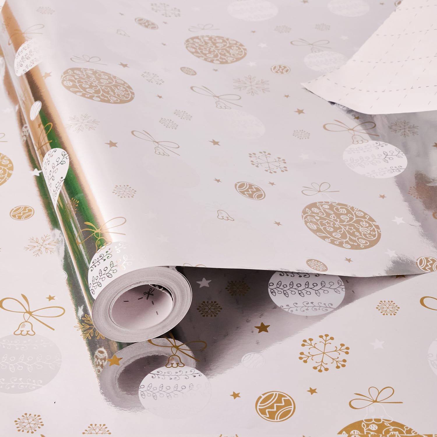 Christmas Wrapping Paper Roll,43cm x 10m Xmas Gift Wrapping Paper,Metallic Gift Wrap Paper with Snowflake Xmas Tree Pattens for Christmas,Party,Festive Decorations (grey) â image 1
