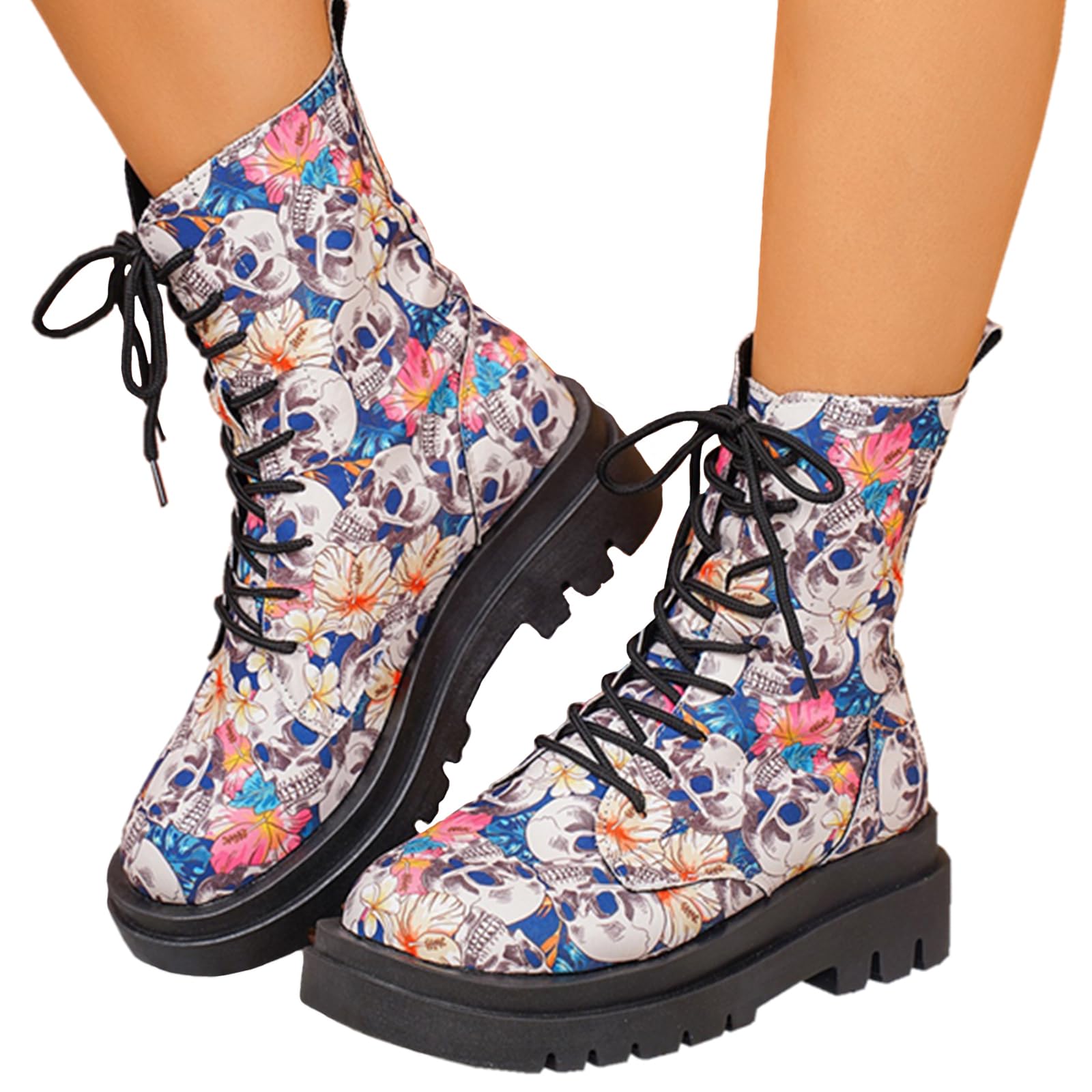 Womens Fashion Combat Ankle Boots Lace Up Lug Sole Booties Platform Chunky Low Heel Motorcycle Boots for Women