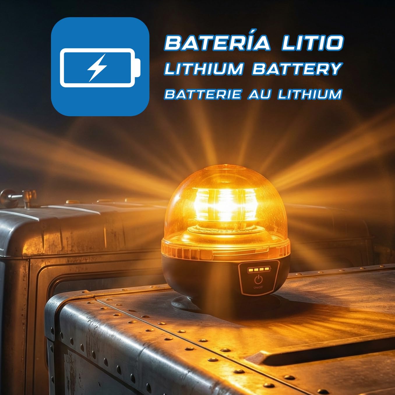 Rotativo LED Color Ámbar Batería litio Recargable, Homologado R65 18W - Autónomo, Luz Advertencia Coche Señalización, Tractor, Grúa, Vehículos Agrícolas y transporte emergencia y prioritario