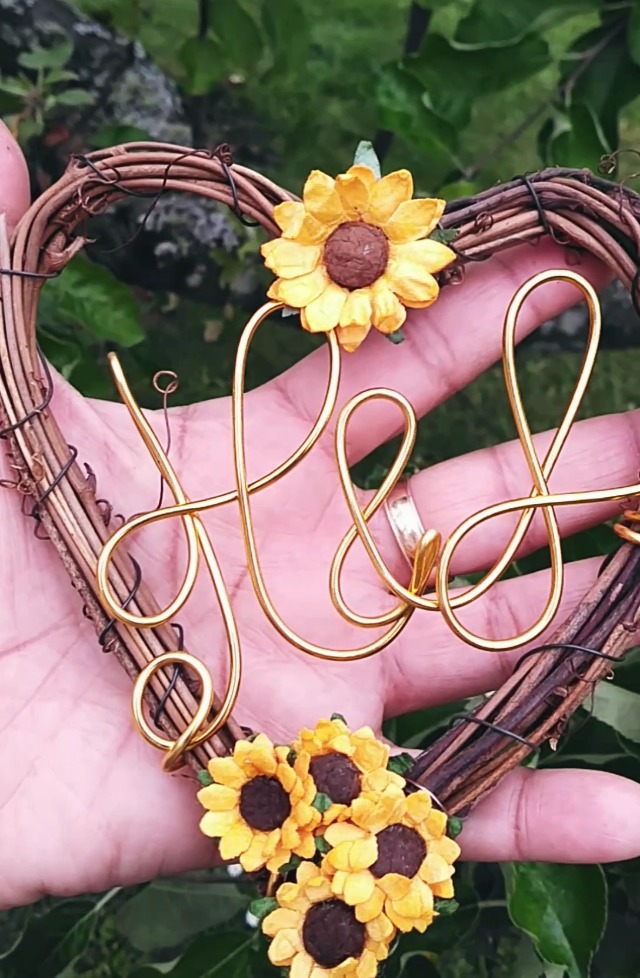 Rustic Wedding Cake Topper - Sunflower Heart Vine Love Sign For Garden Weddings