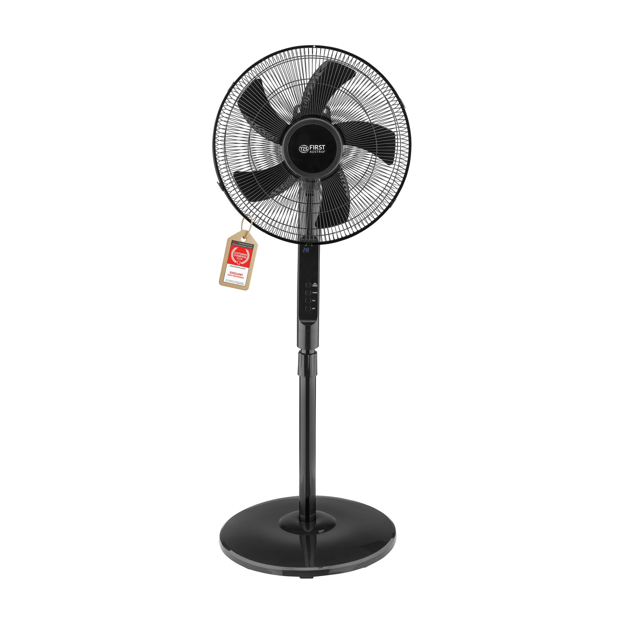 TZS First Austria - Ventilatore a piantana Ø400 mm - 45 W, 3 modalità, oscillazione 100° - Pulsanti, telecomando, timer 1-12 h - 54 dB(A) - nero