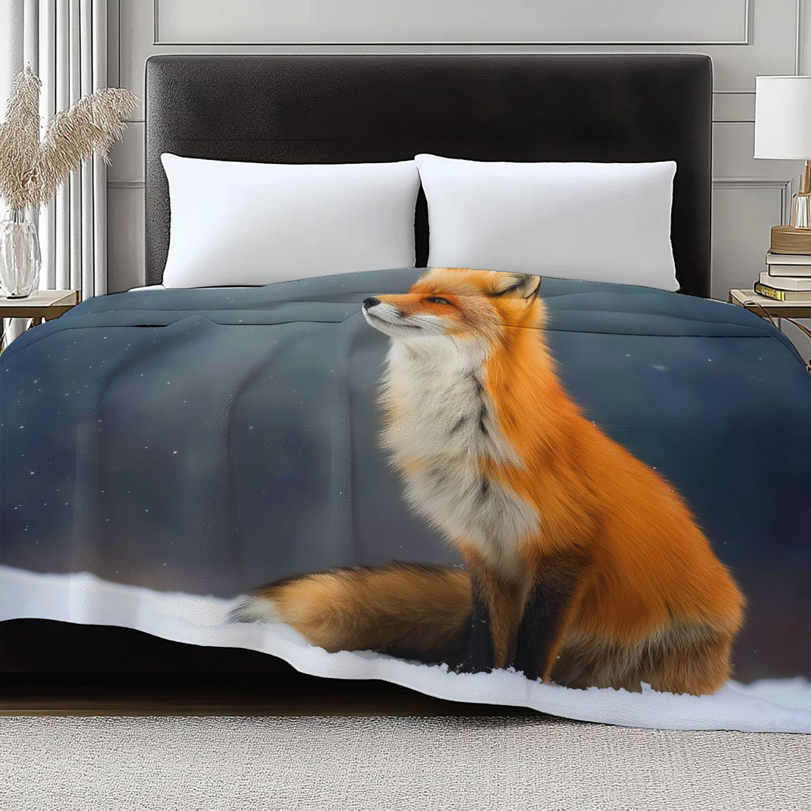 Générique Koc polarowy ze zwierzętami, śnieg, lis 180 x 200 cm, flanelowy koc polarowy, czarny, miękki, ciepły, lekki koce, do podróży, na łóżko lub sofę