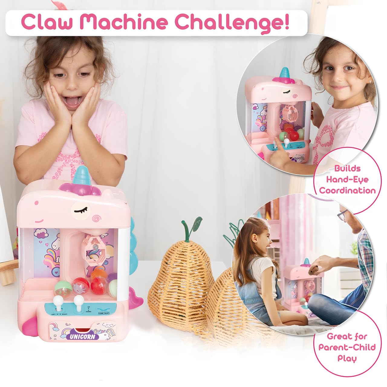Krallenmaschine für Kinder mit 10 Plüschtieren, 10 Überraschungseiern & 50 Aufklebern – Mini-Arcade-Klauenspiel mit lautlosem Modus, LED-Lichtern, USB- oder batteriebetrieben – Geschenk für Mädchen