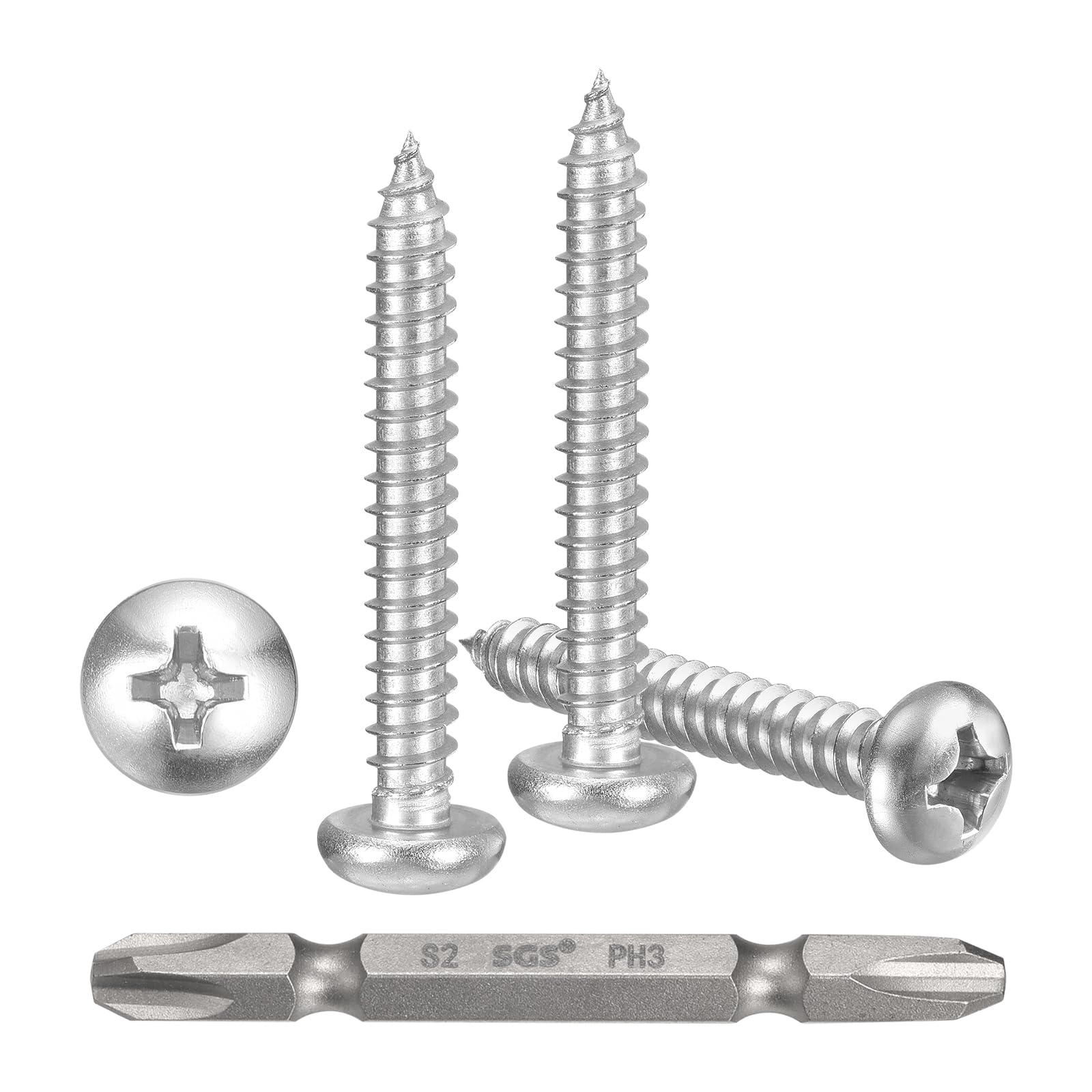 METALLIXITY Phillips Pan Head Self Tapping Screws(#12x1-1/2") 80Pcs, 304 Stainless Steel Self Drilling Screw for Metal Wood Plastic with Bit, for Cabinet Wall Shutter Plate Furniture, Silver
