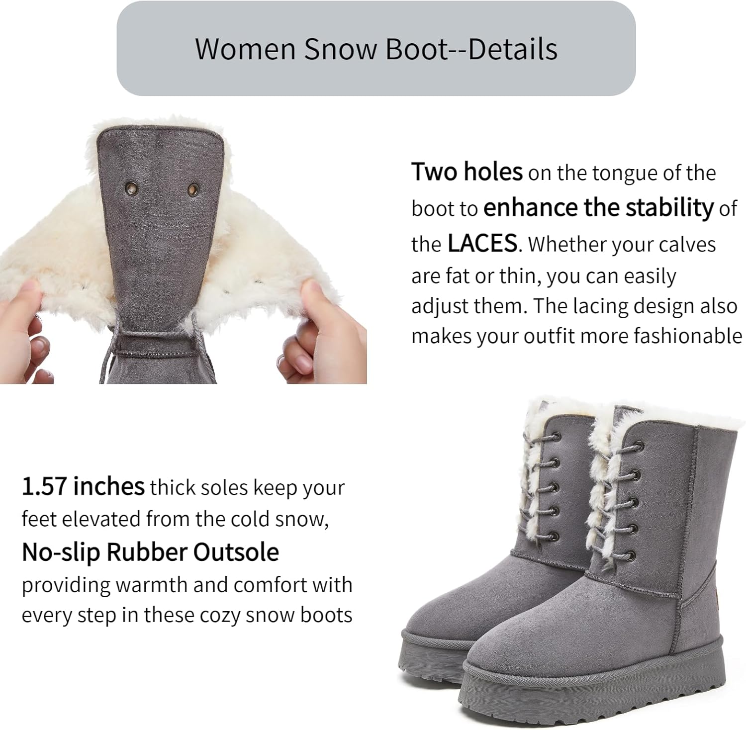 Uoidru Women's Snow Boots Mid-calf Boot Lace-up Winter Boots for Women Fur Lined Boot Womens Suede Platform Snow Boots - Image 4