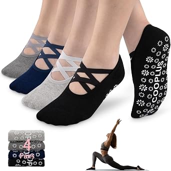 COOPLUS Yoga Socks for Women Non Slip Grips Pilates Socks for Pure Barre,Ballet,Dance,Barefoot Workout 4 Pairs