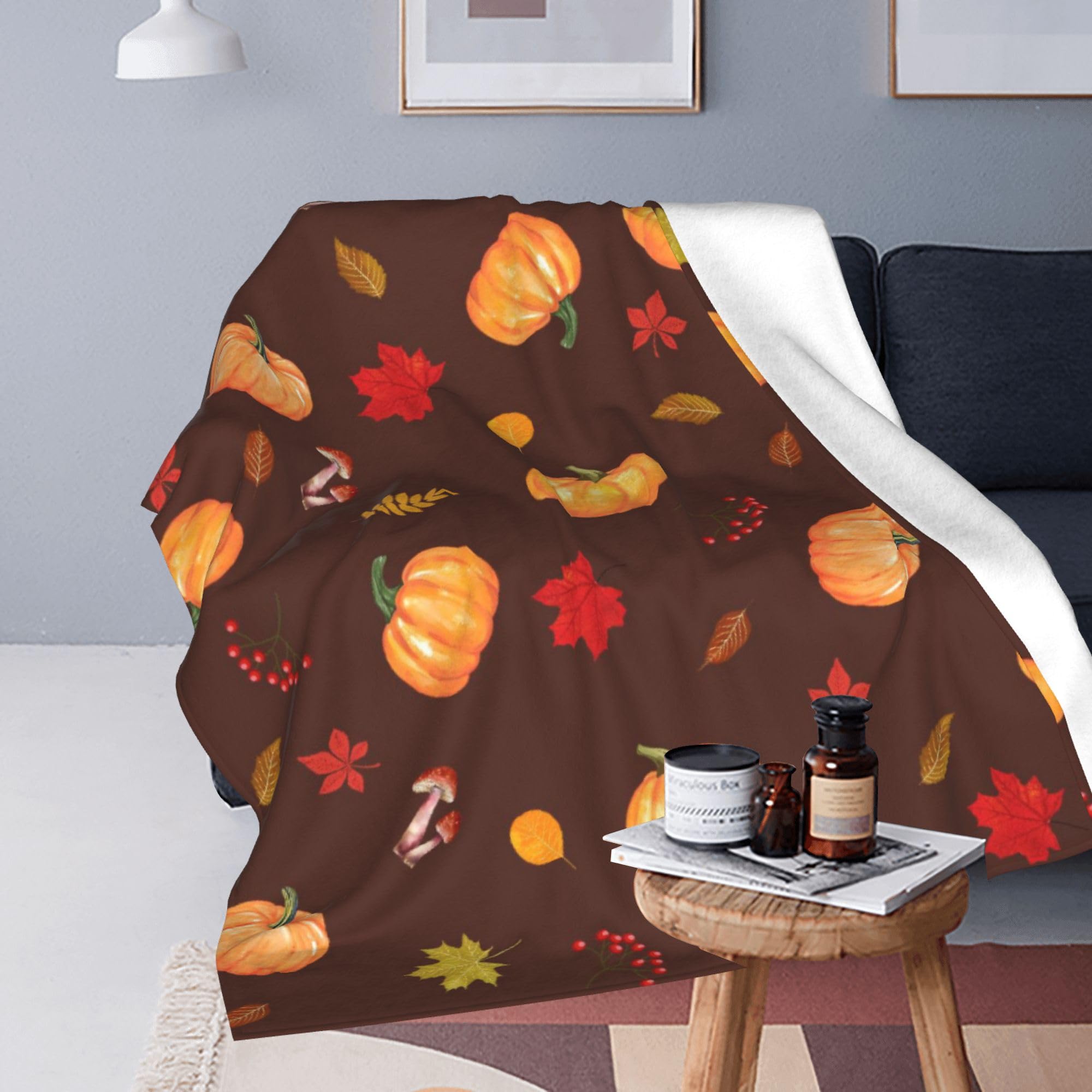 Gelasgo Fall Throw Blanket Maple pumpkin Mushroom Ultra Soft Flannel Blanket,Cozy Warm Lightweight Gift for Adults Kids,Machine Washable Couch Bed Blankets 100x130cm - Image 2