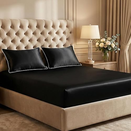Juego de ropa de cama de satén de 3 piezas, sábana bajera ajustable de satén con fundas de almohada, suave, cómoda, hipoalergénica y transpirable (1