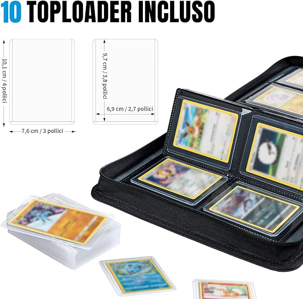 Toploader - Album per carte da collezione 112 Top loader con 4 scomparti, 10 pezzi 35PT Toploader, raccoglitore per TCG, MTG, album di collezione, colore: nero - 2